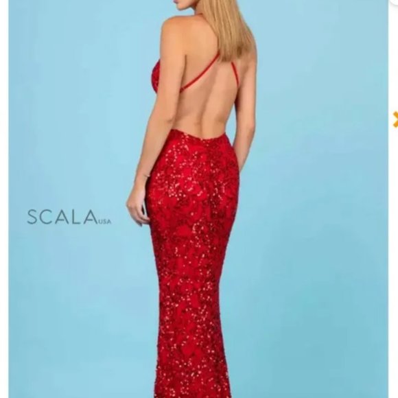 Scala silk Sequined wedding Prom Dress Size 4 red Sequins elegant - Picture 5 of 17